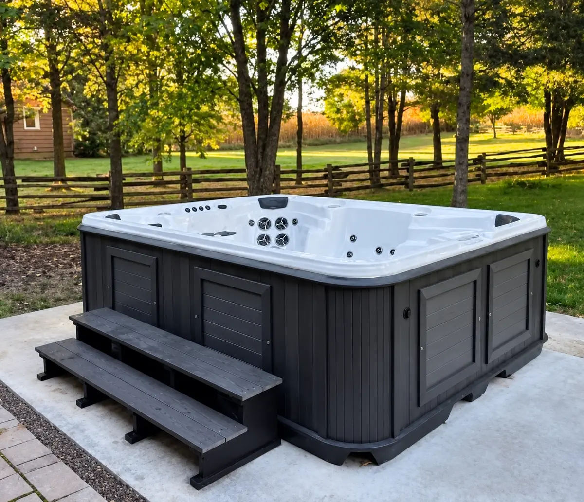 Arctic Spas hot tub with a charcoal cabinet on a concrete pad in a backyard